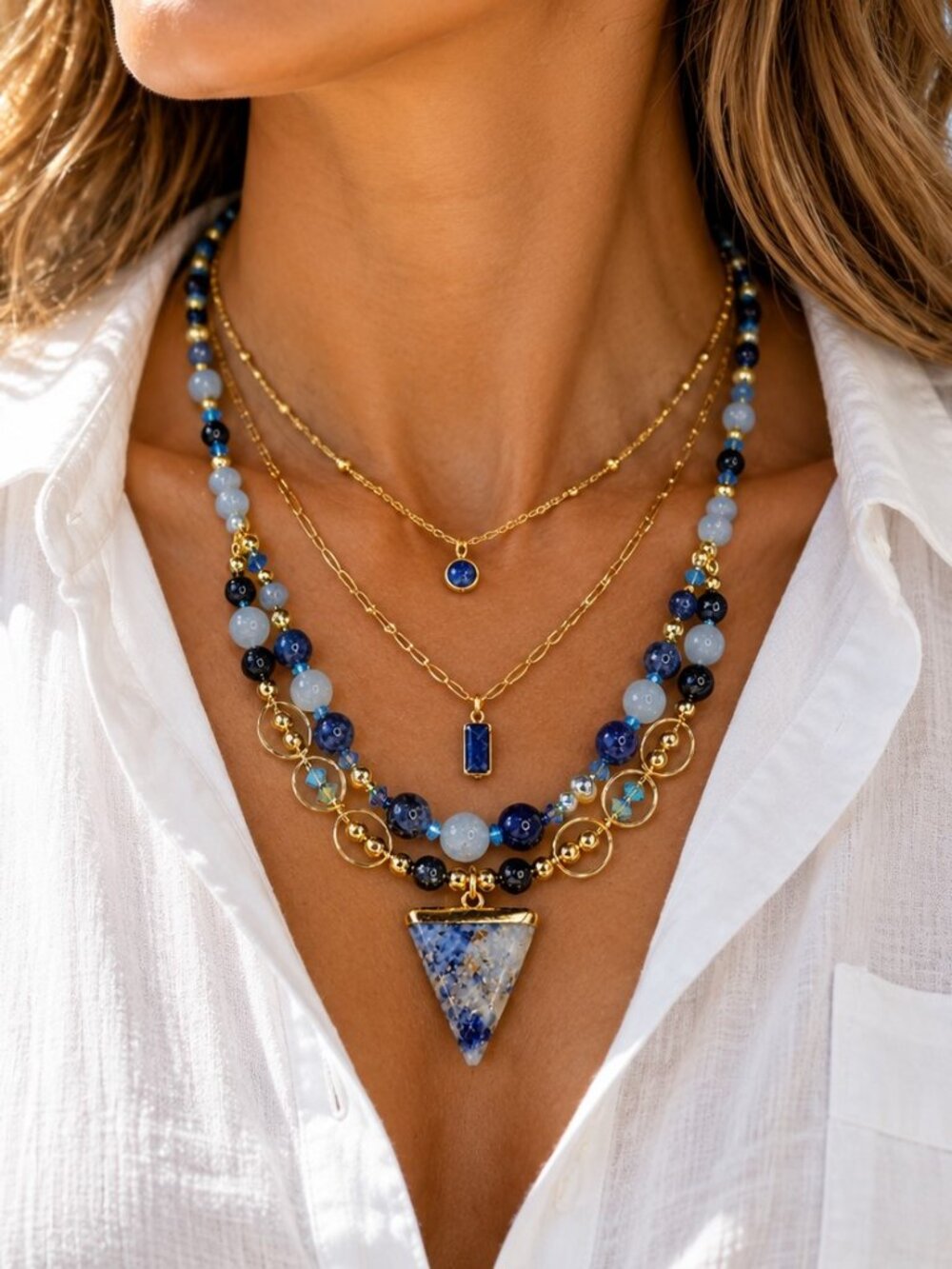 Blue & Gold Gemstone Necklace with Agate, Sodalite, and Goldstone Beads along wi